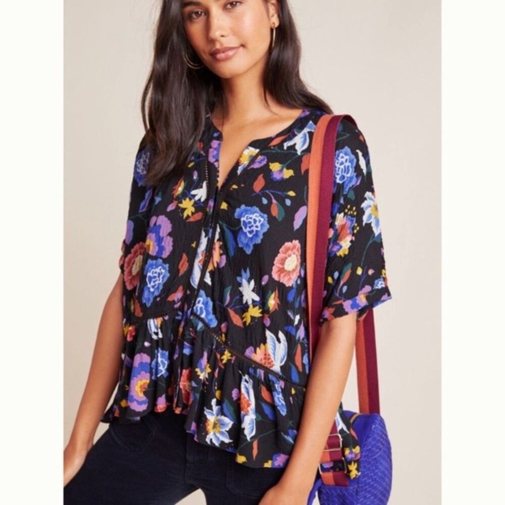 Anthropologie Josie Dolman Sleeve Top Short Sleeve Buttons Black Floral Small